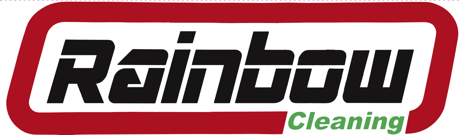 A red and white logo for rainbow cleaning
