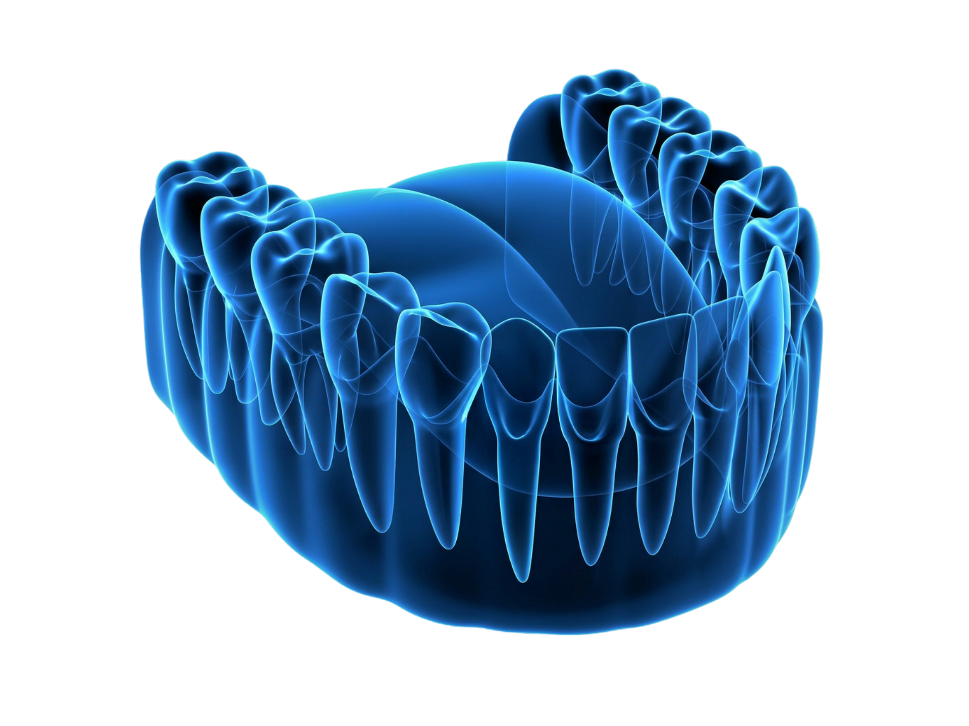 X-ray of human mouth, showing teeth and tongue in blue
