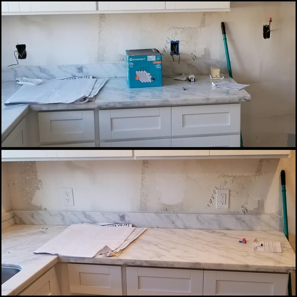 A before and after photo of a kitchen with white cabinets