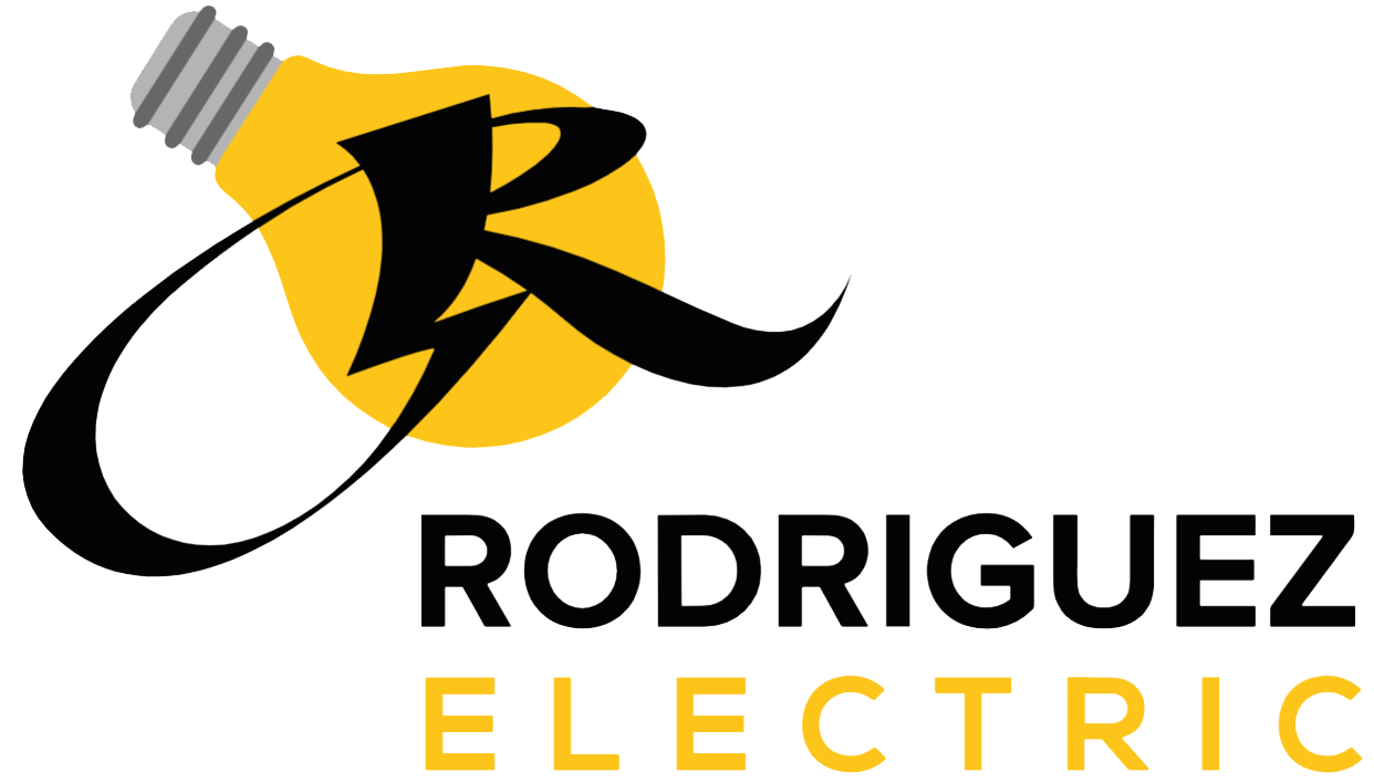 The logo for rodriguez electric shows a light bulb and the letter r.