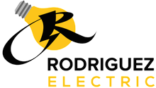 The logo for rodriguez electric shows a light bulb and the letter r.