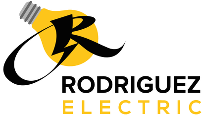 The logo for rodriguez electric shows a light bulb and the letter r.