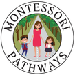 A logo for montessori pathways with a woman and two children