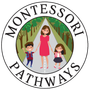 A logo for montessori pathways with a woman and two children