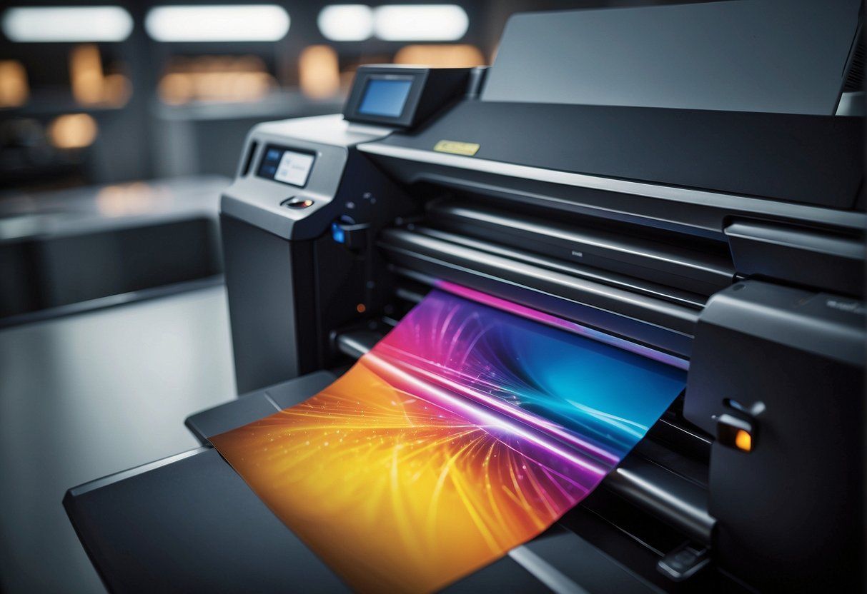 A large printer is printing a colorful image on a piece of paper.