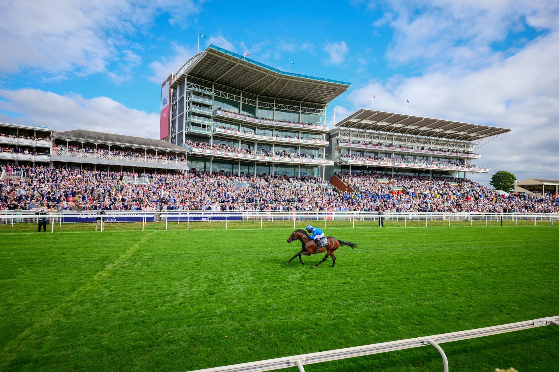A jockey is riding a horse on a race track.