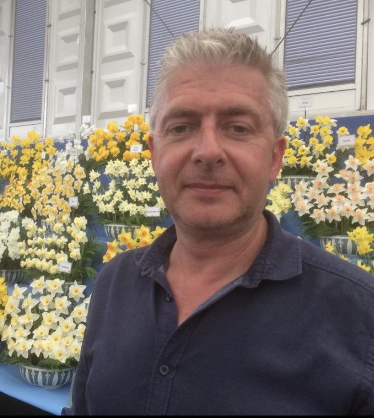 A man stands in front of a wall of yellow and white flowers