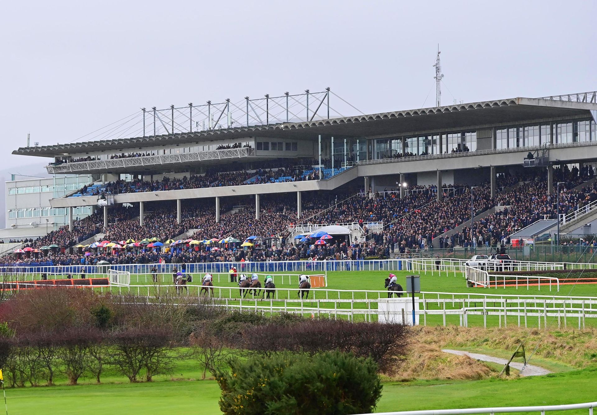 A large crowd of people are watching a race at a race track.