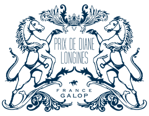 HBA Media | A blue, ornate logo for the Prix de Diane Longines featuring two rearing horses, a crown, and the France Galop emblem.