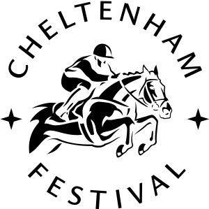 HBA Media 
| a black and white logo for the cheltenham festival with a rider on a horse .