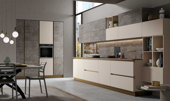 Soggiorno contemporaneo con divano, tavolino e complementi coordinati.