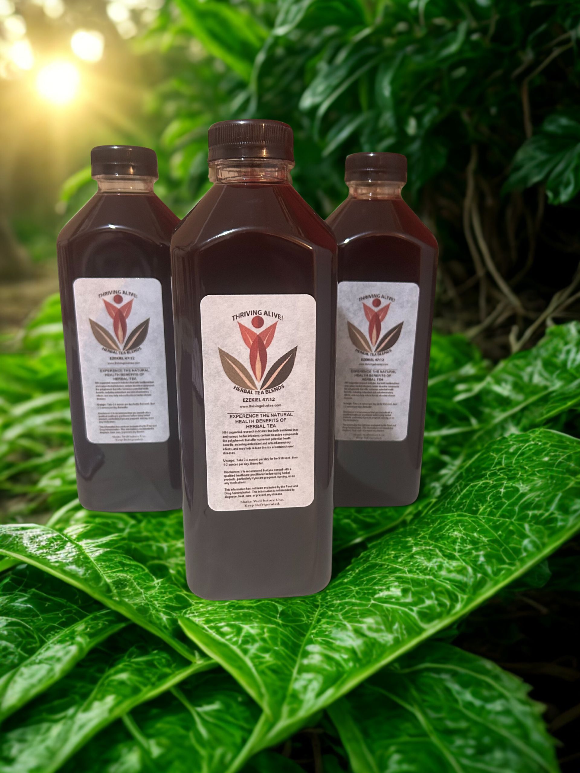 Three bottles of dark liquid with labels on green leaves; sun in background.