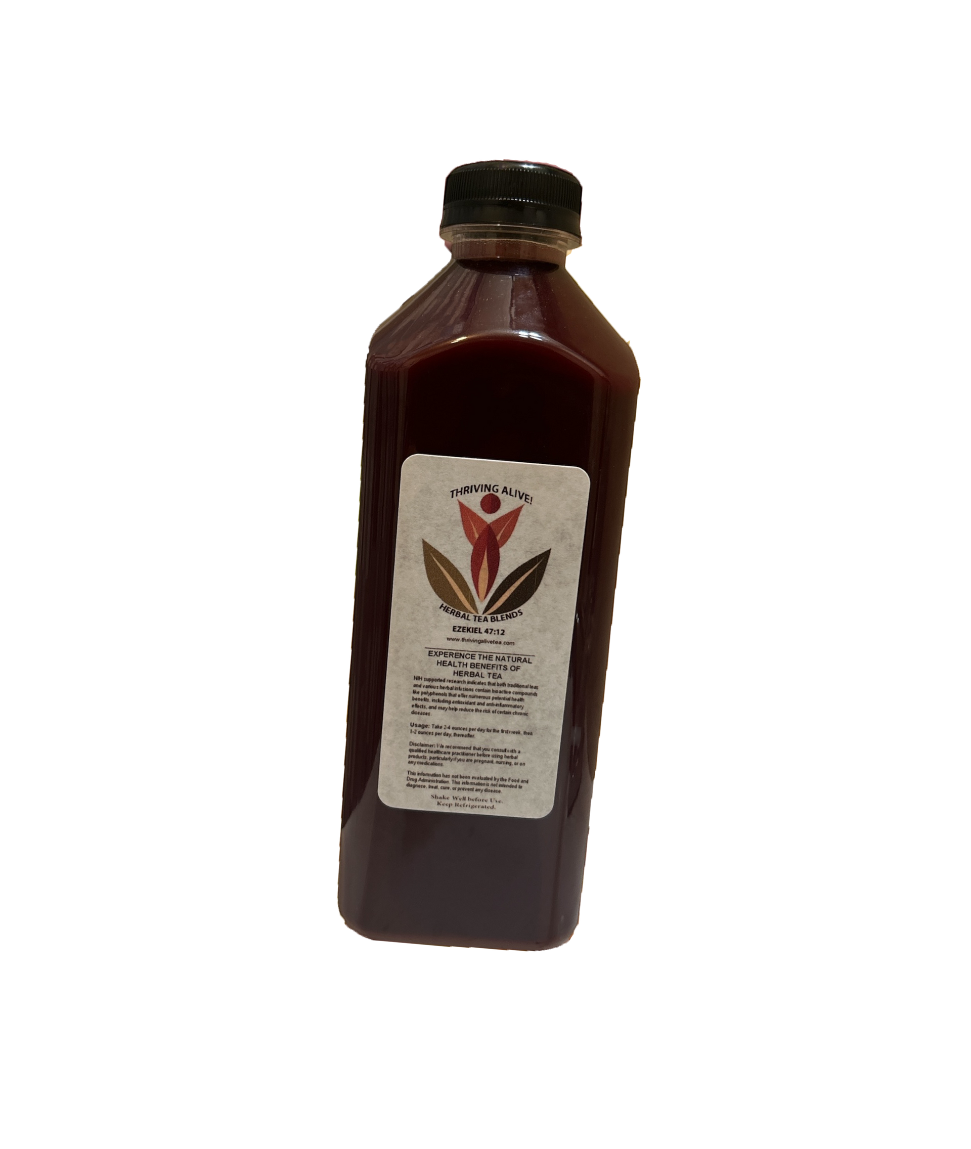 Bottle of dark red juice with a label.