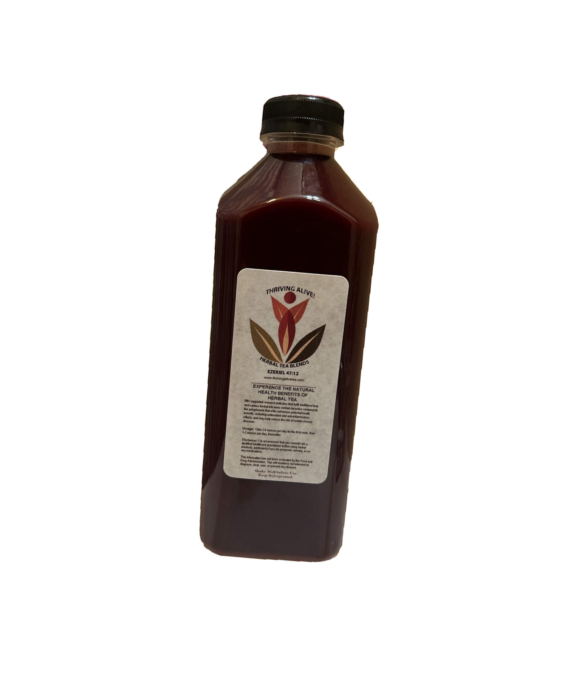 Bottle of dark red juice with a label.