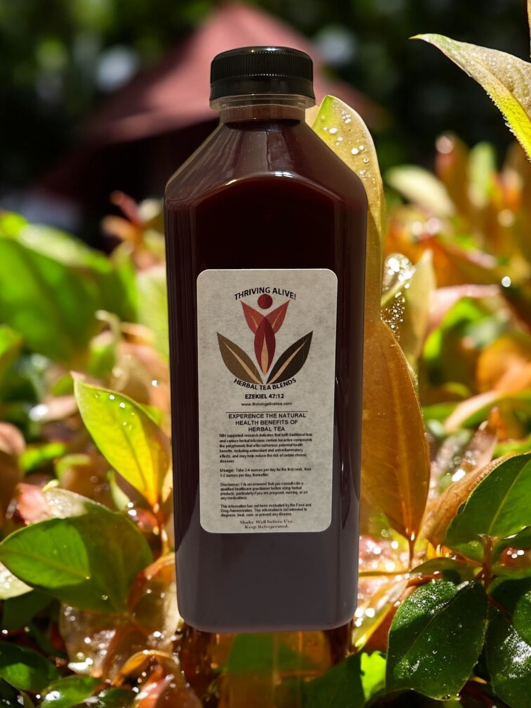 Bottle of dark liquid with a label, surrounded by green and reddish-orange leaves, outdoors.