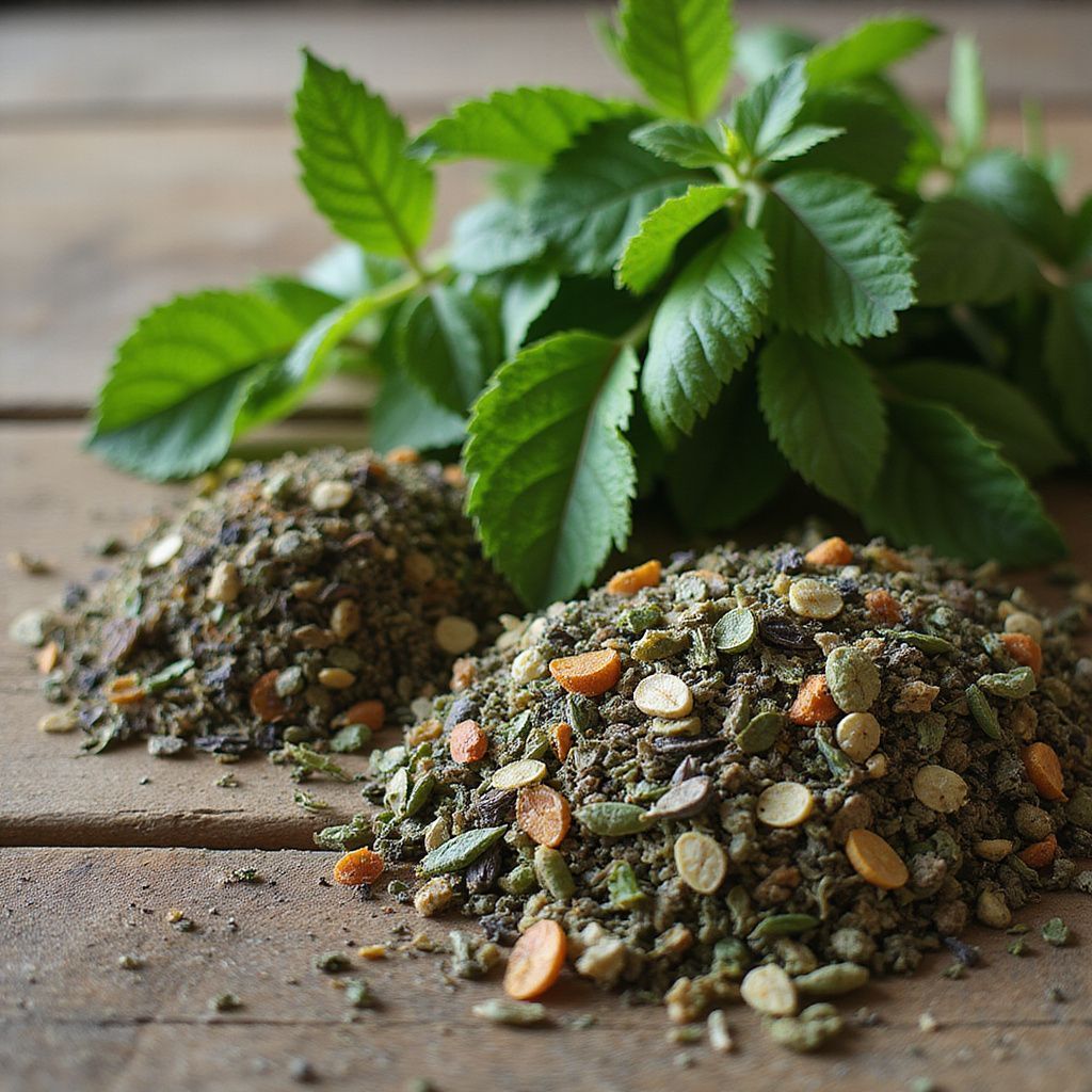 Two piles of spice mix with green herbs on wooden surface.