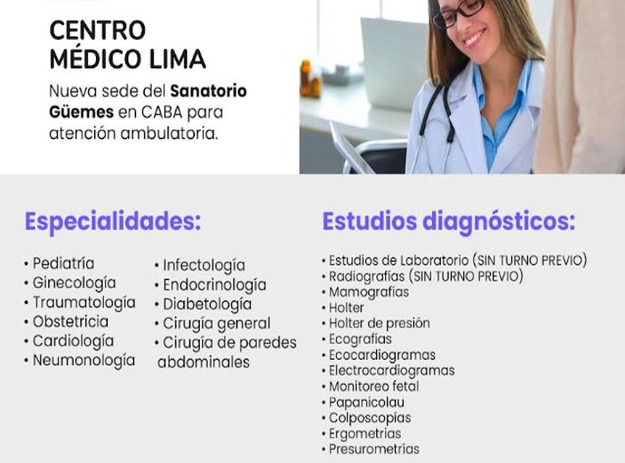 Anuncio de Centro Médico Lima, que ofrece servicios médicos ambulatorios con médico, paciente y listados de especialidades.