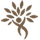 Brown logo of person with arms up, holding a tree crown of leaves.