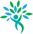 A person with arms raised, connected to leaves above. Blue and green colors.