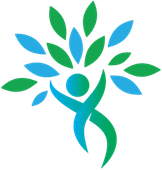 Person with raised arms, connected to tree with blue and green leaves.