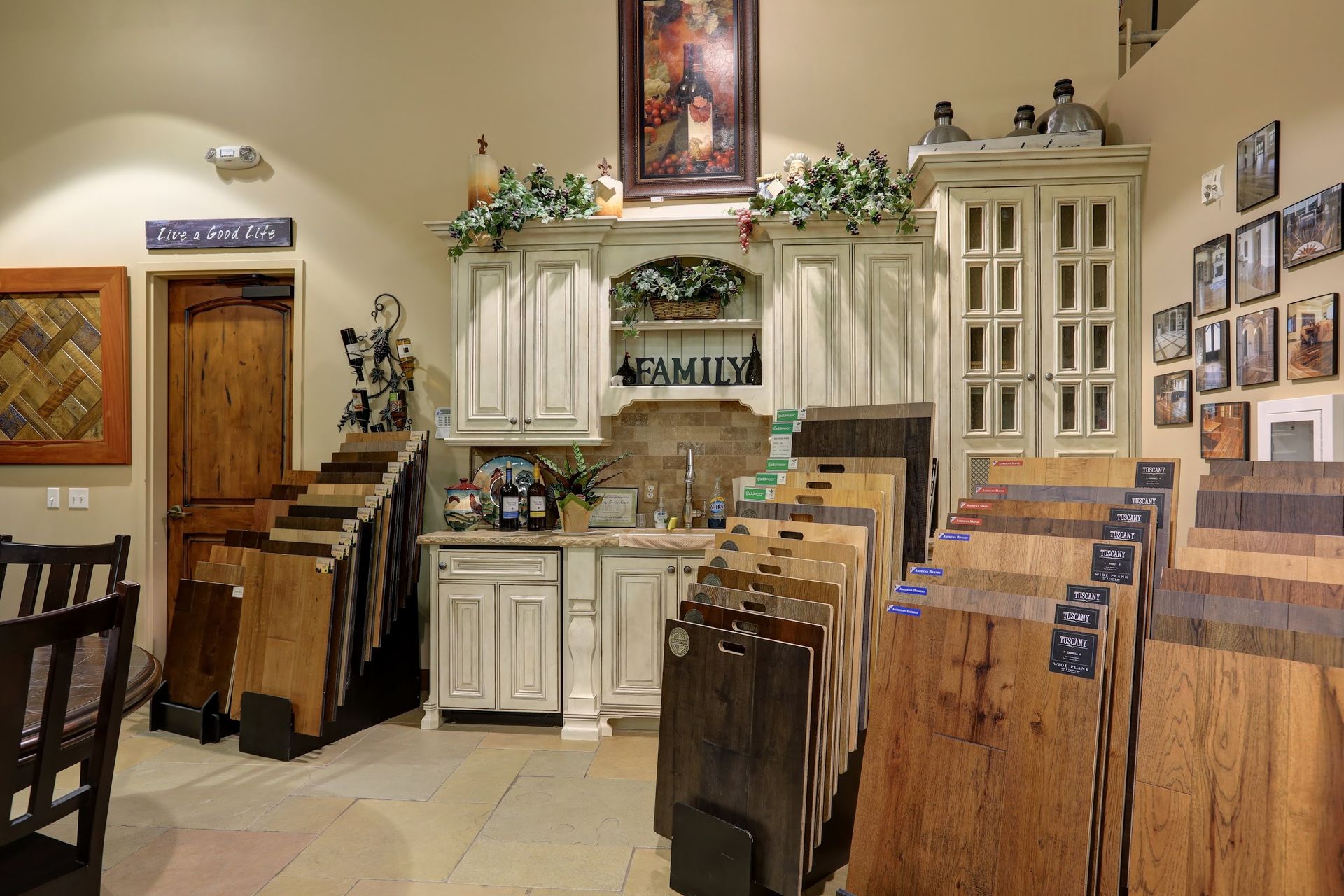 A kitchen with a sign that says family on it