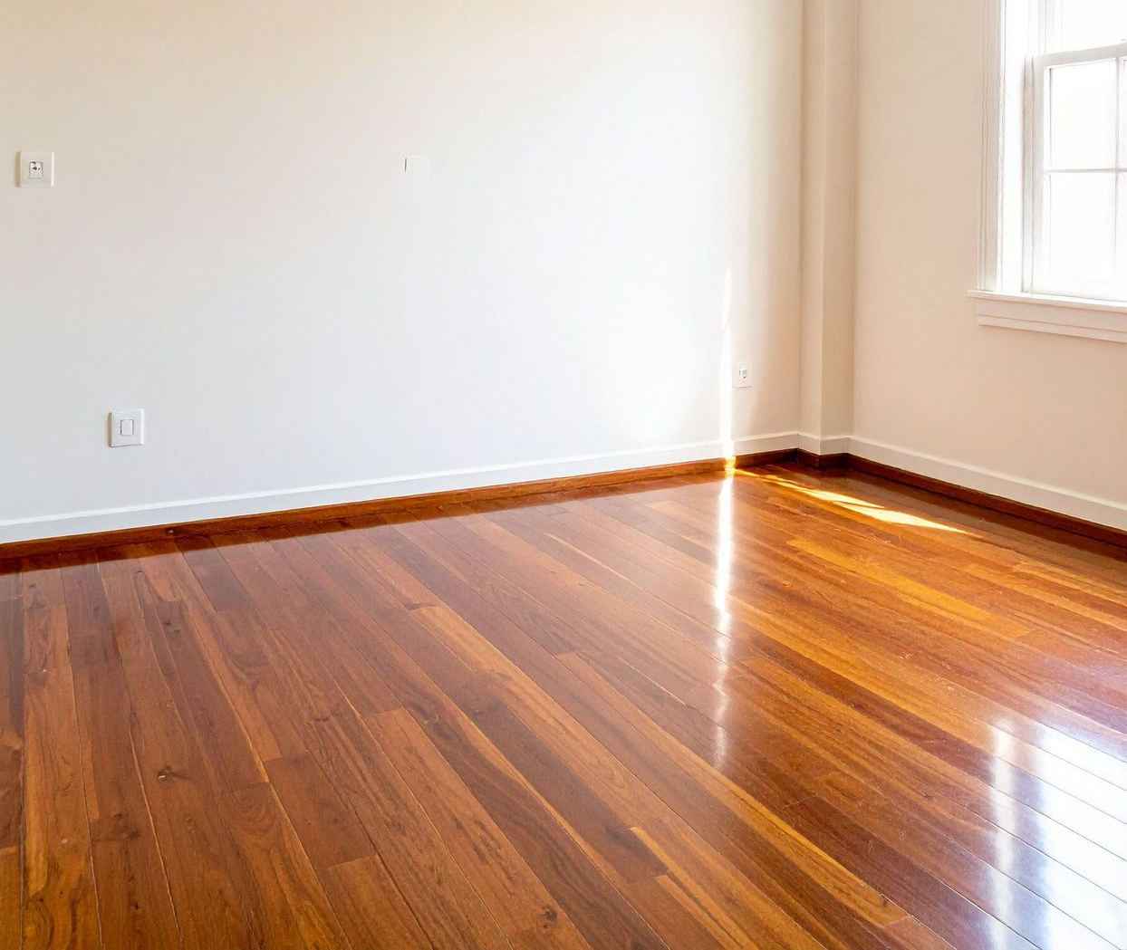Empty room with glossy, wooden floor and white walls; window provides natural light.