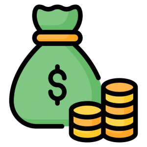 Green money bag with dollar sign and stacks of gold coins.