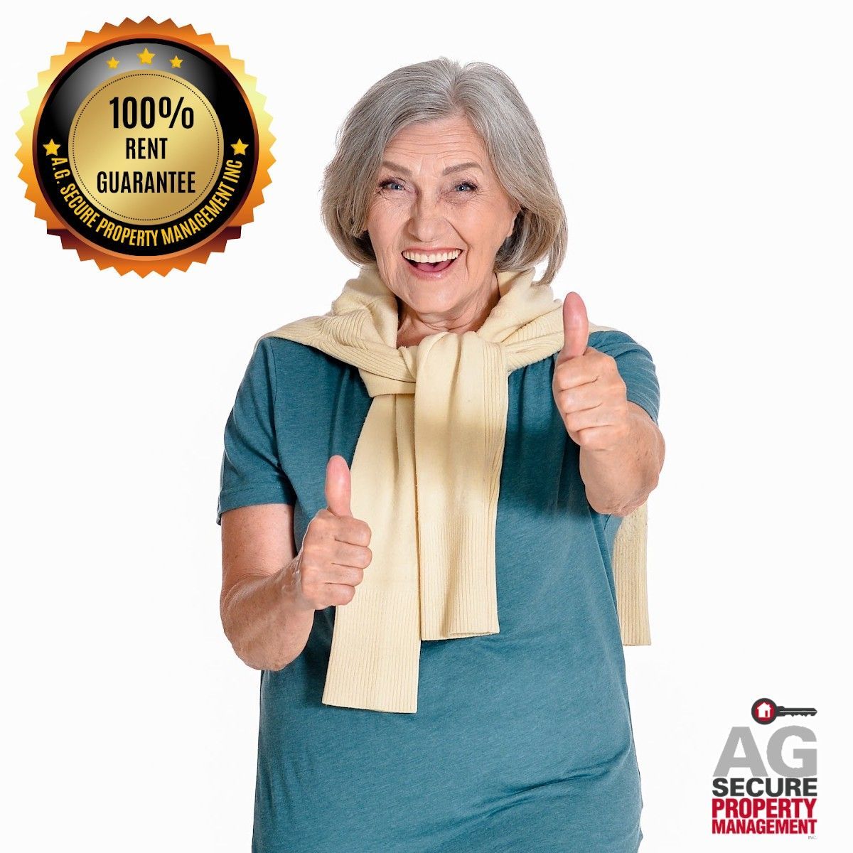 Smiling elderly woman giving thumbs up, with a 100% rent guarantee badge and property management logo.