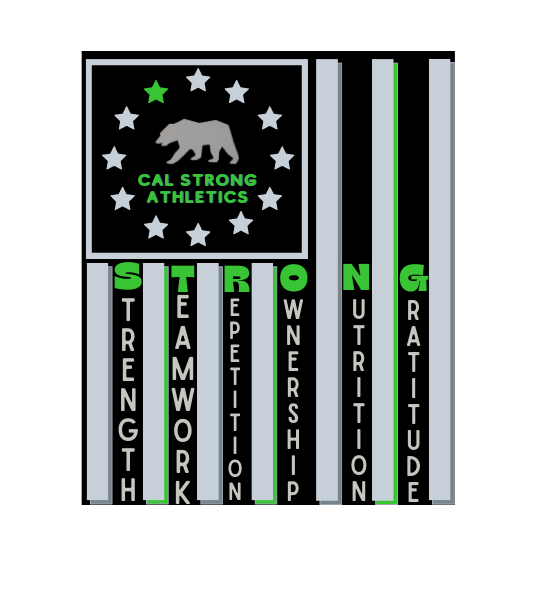 Cal Strong Athletics logo: bear in a California flag-inspired design, with columns of words: strength, teamwork, etc.