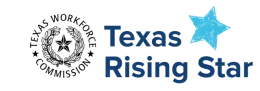 Logo for Texas Rising Star, featuring the Texas Workforce Commission seal, a blue star, and text in blue.