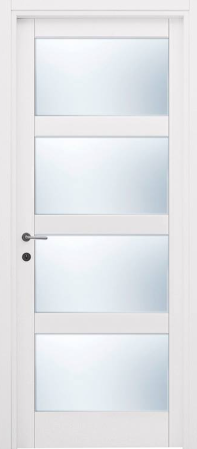 Porta interna bianca con pannelli in vetro satinato e maniglia argentata.