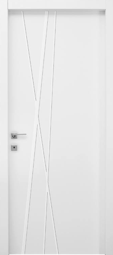 Porta interna moderna bianca con sottili inserti verticali in vetro e maniglia argentata.