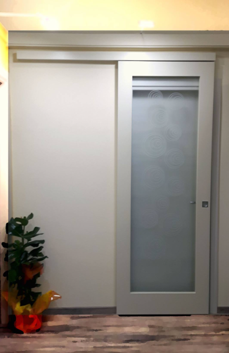Porta scorrevole in vetro accanto a un pannello satinato, con una pianta in vaso in un angolo.