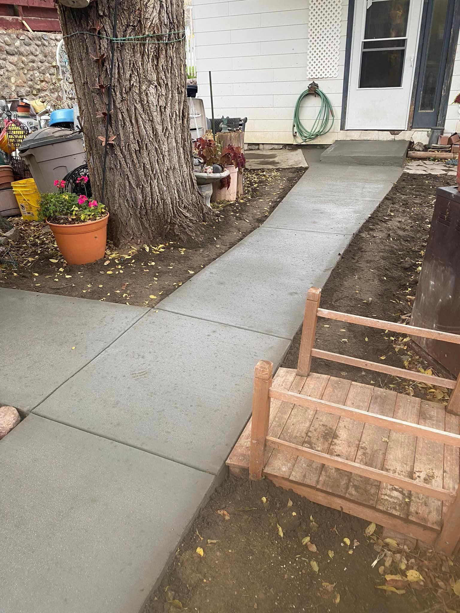 A concrete walkway leading to a house with a tree in the background.