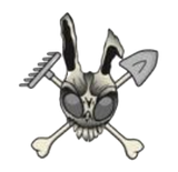 A skull and crossbones of a rabbit with a comb and shovel.