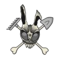 A skull and crossbones of a rabbit with a comb and shovel.