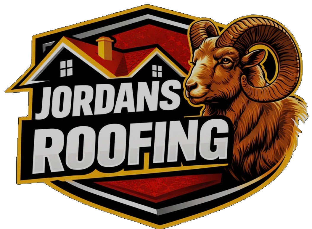 A logo for Jordans Roofing featuring a brown ram's head on a shield background with a red roof illustration and text.