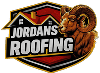 A logo for Jordans Roofing featuring a brown ram's head on a shield background with a red roof illustration and text.