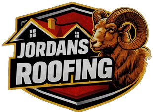 A logo for Jordans Roofing featuring a brown ram's head on a shield background with a red roof illustration and text.