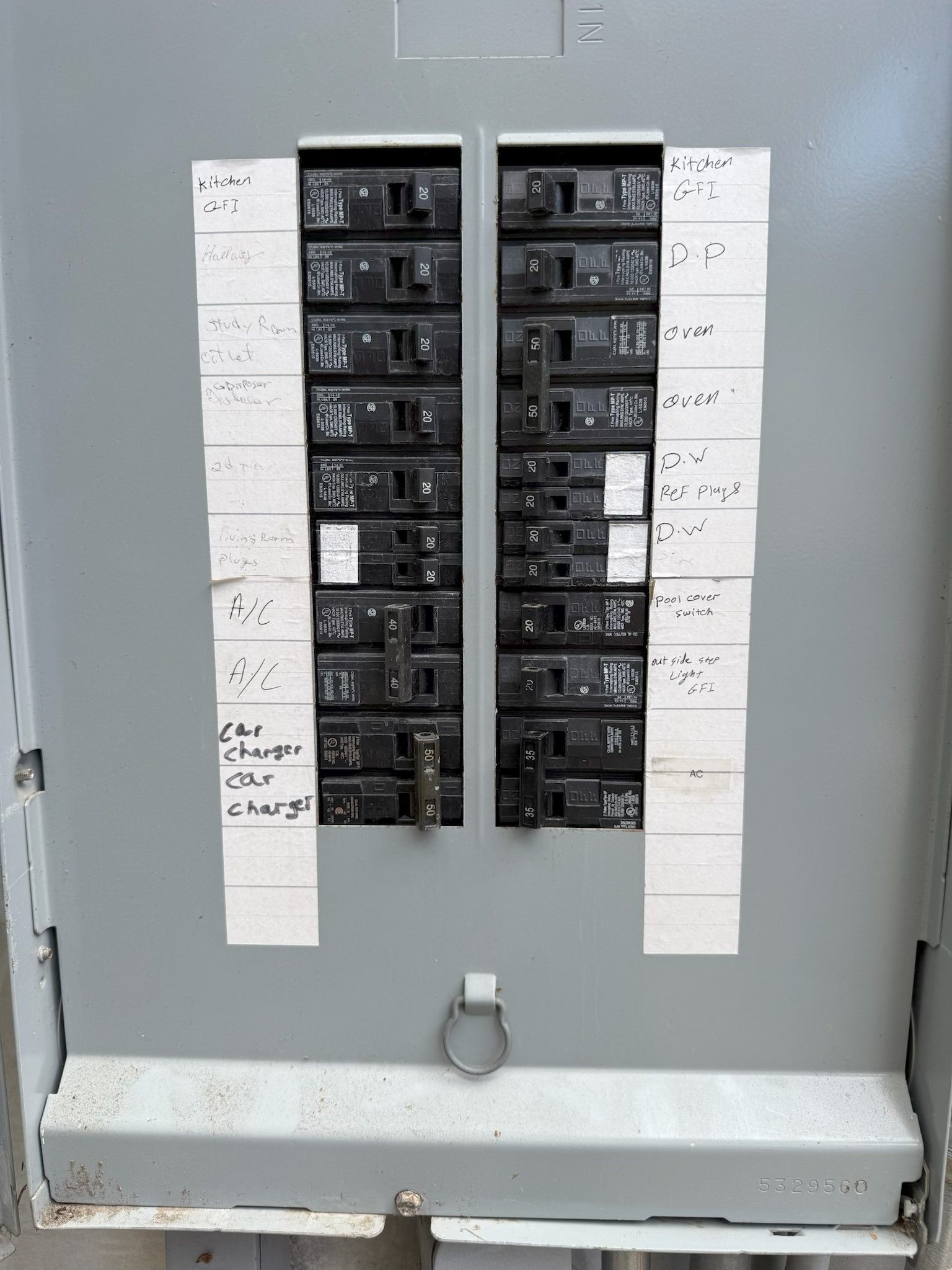 Electrical breaker panel with labeled switches mounted on a gray wall.