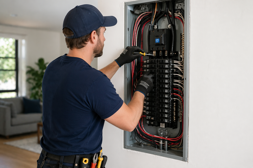 Technician wiring an open electrical breaker panel in a home