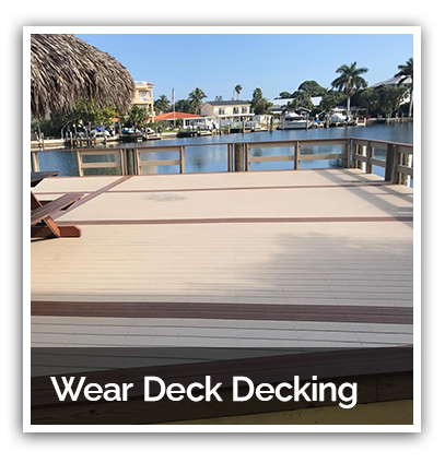 A picture of a deck with the words wear deck decking below it.