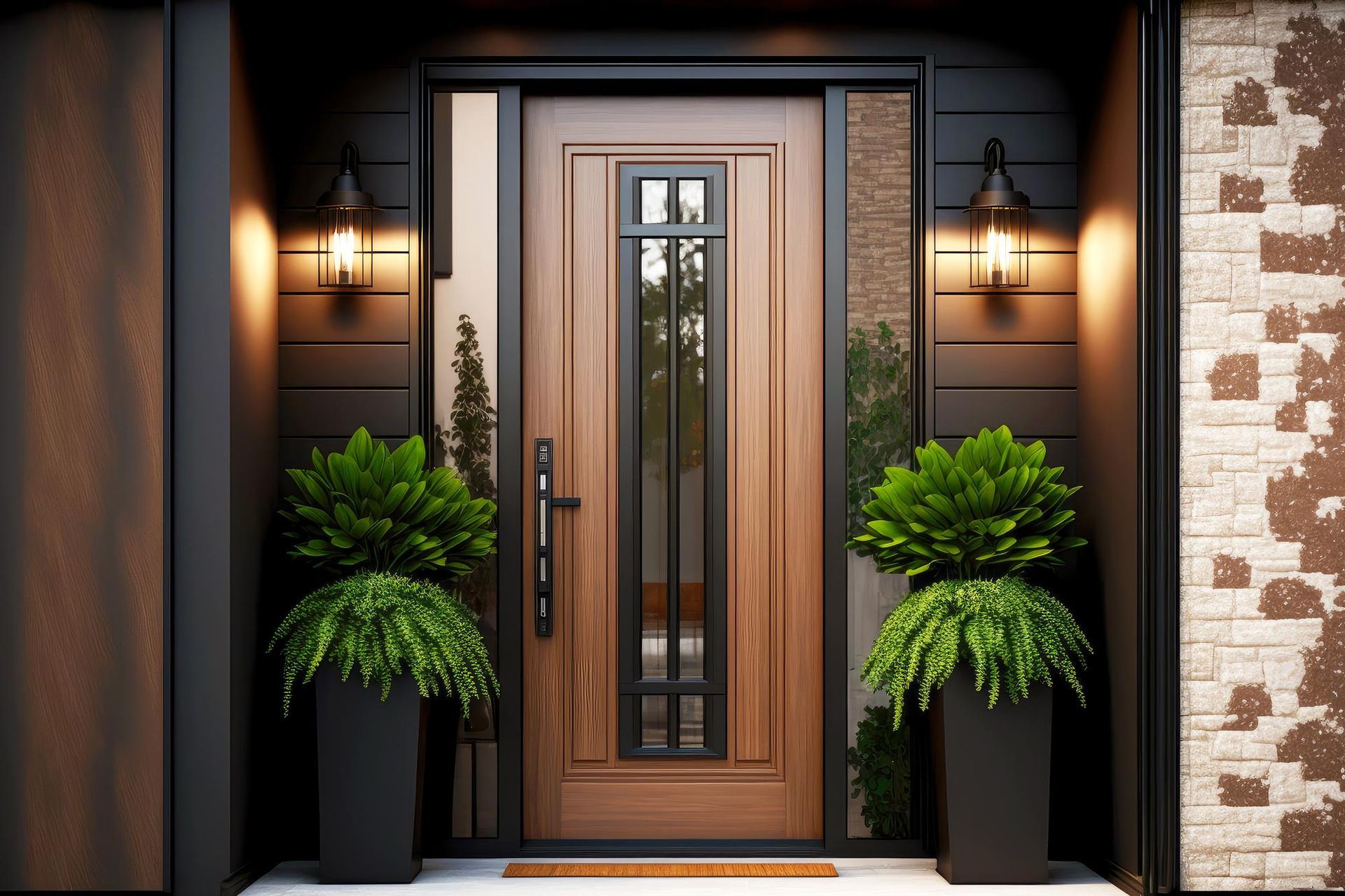 a wooden front door with two potted plants in front of it