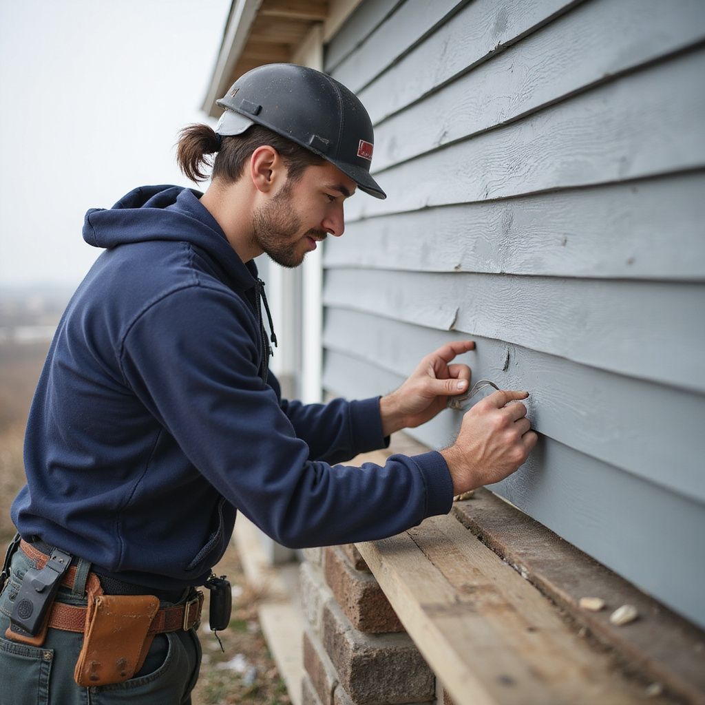 Man in a hard hat and hoodie inspecting the blue siding of a house.