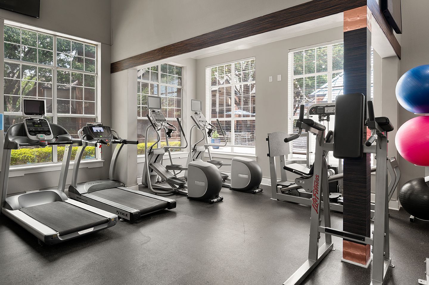Gym with treadmills, elliptical, weight machine, and medicine balls; bright natural light.