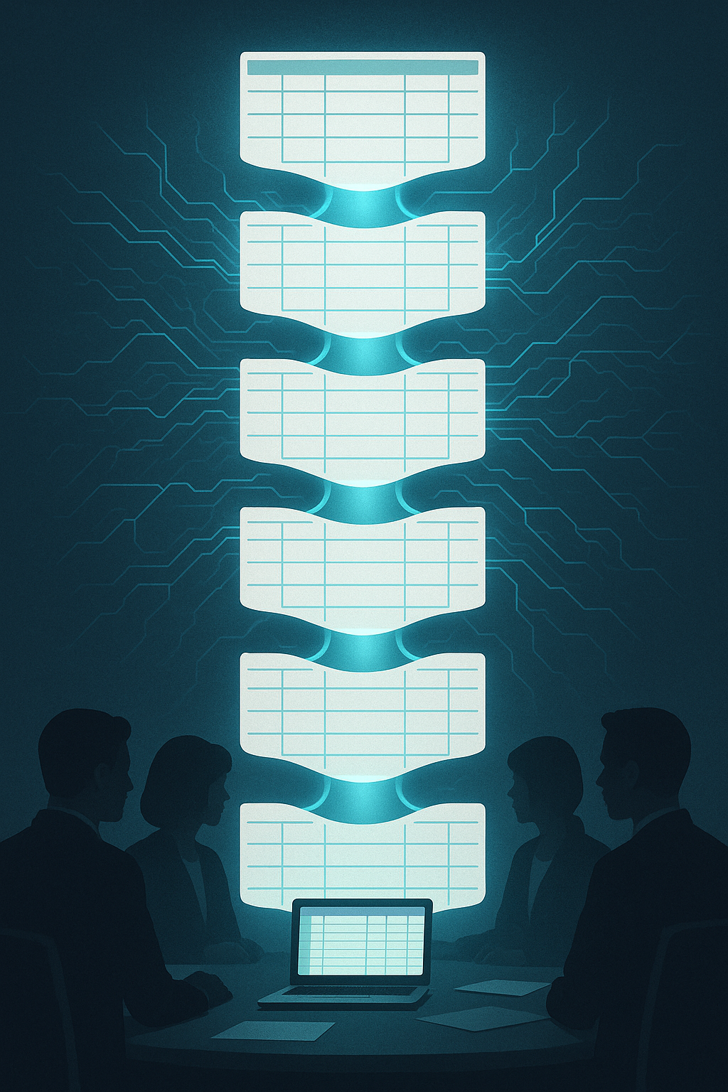 Silhouetted business team discussing data visualization represented by glowing stacked screens above a laptop.