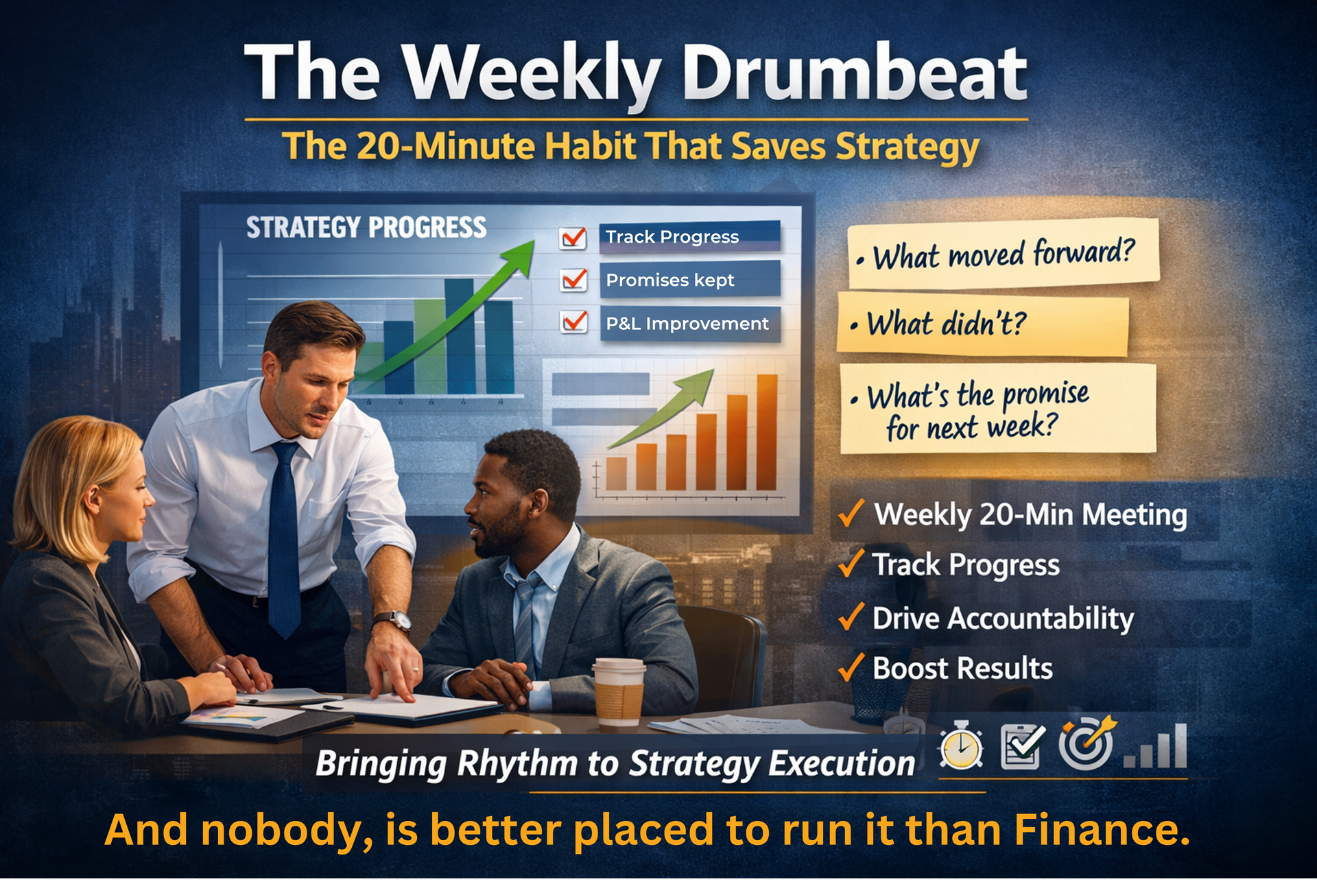 Business people in a meeting, charts on a screen, the text “The Weekly Drumbeat” and “Finance”.