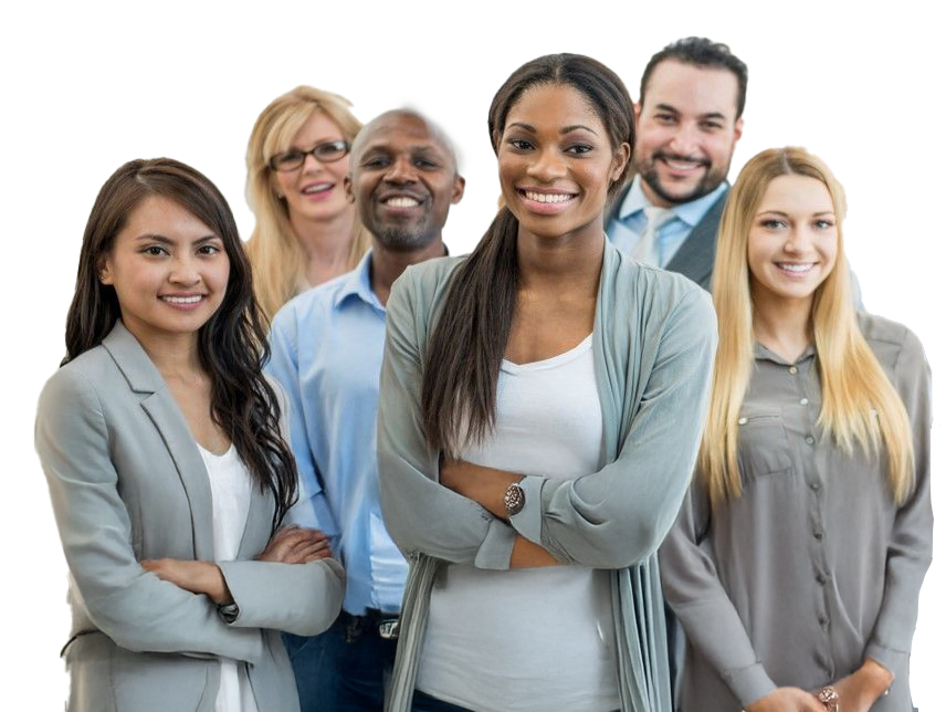 Group of smiling people with diverse skin tones, posing together.