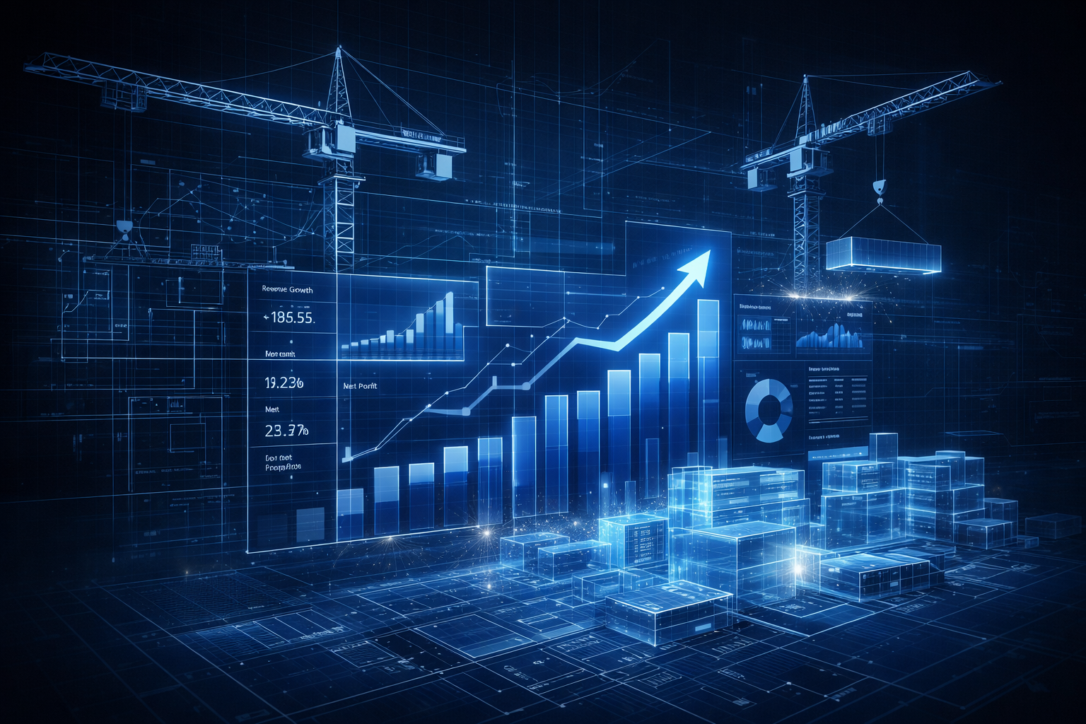 Bar graph rising upward with stacks of gold coins, overlayed with financial charts.