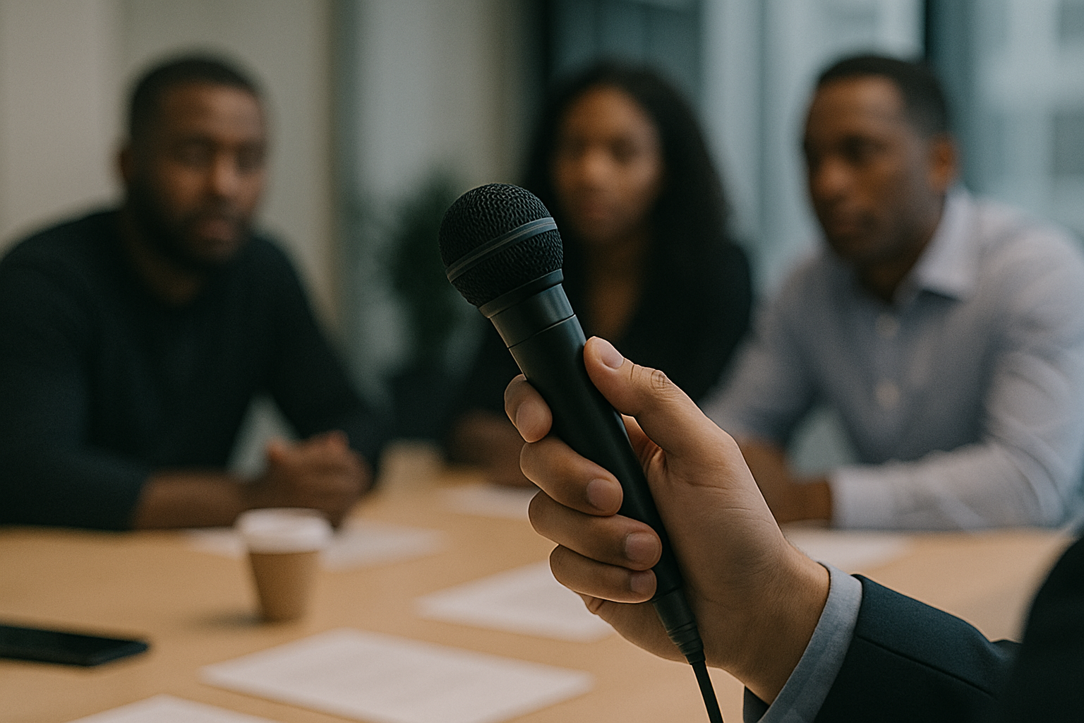 Hand holding a microphone, interviewing three blurred people at a table in an office setting.